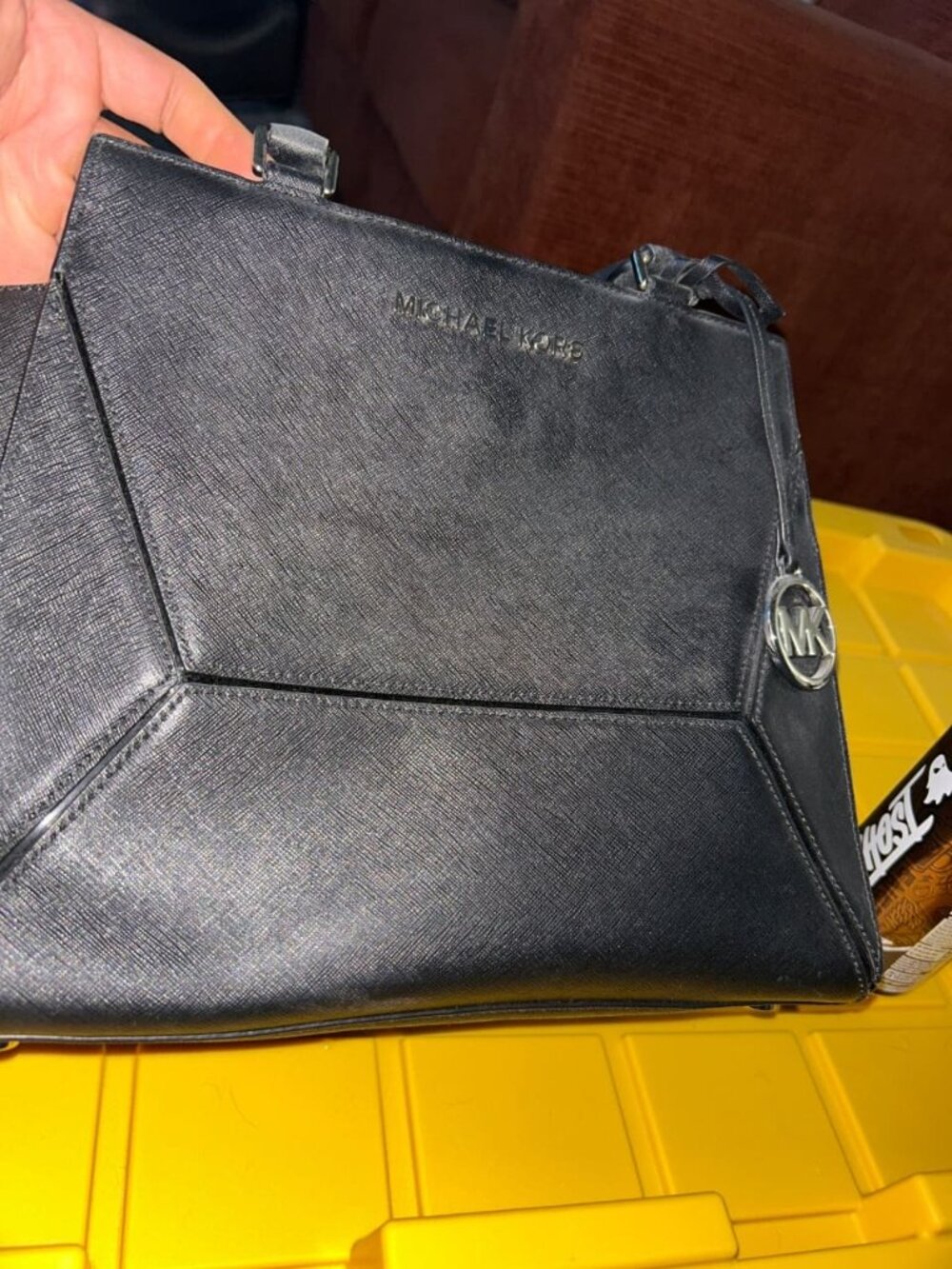Michael Kors Prism Large Saffiano Leather Satchel Black / Silver hardware Good